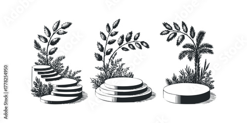 Three stylized plant clusters with pedestals