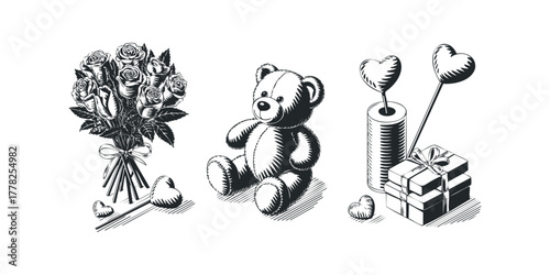 Teddy bear, roses bouquet, heart shapes, and gift box composition