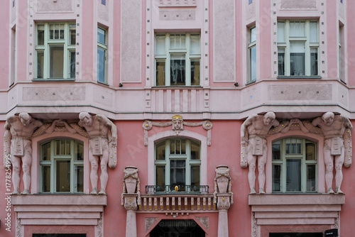 Pink Facade with Ornate Windows in Prague