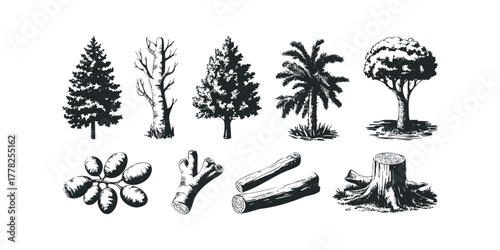 Collection of Silhouetted Trees and Wood Objects