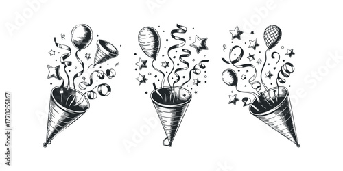 Exploding Party Poppers with Balloons and Stars