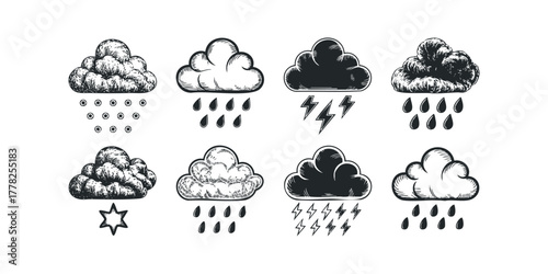 Collection of Eight Hand Drawn Weather Icons With Raindrops And Lightning