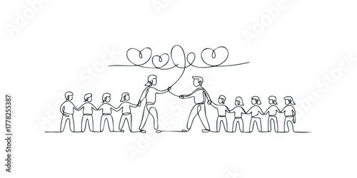 Two people connect with rope and hearts above line people holding hands