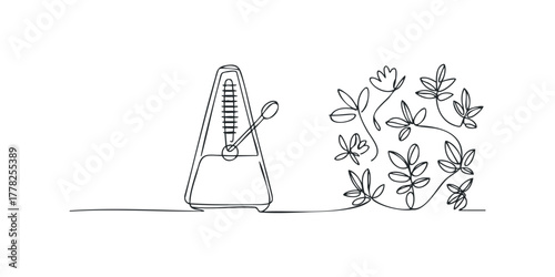 Line drawing of a metronome with branches and leaves
