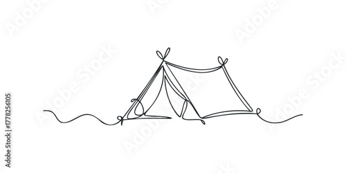 Minimalist single line drawing of a camping tent