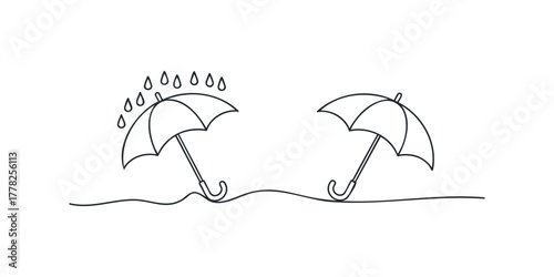 Two Umbrellas in Raindrops Line Drawing