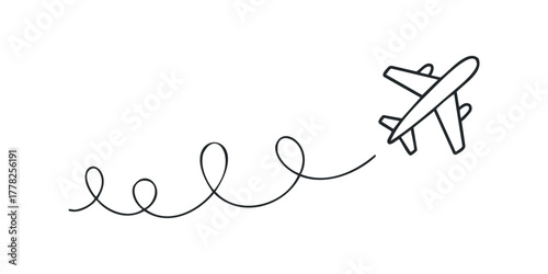 Airplane tracing a whimsical path across white background