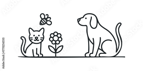 Cute line drawing of cat and dog with bee and flower