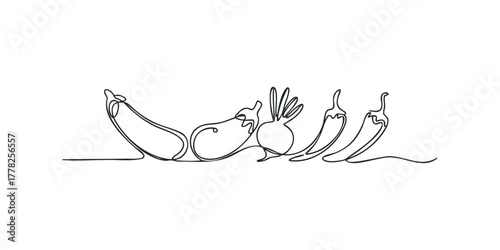 Continuous line drawing of assorted vegetables on white