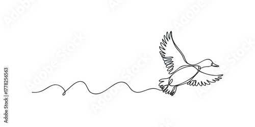 Single line drawing of a flying duck