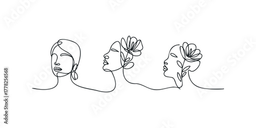 Three continuous line drawings of female faces with flowers