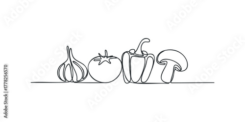 Continuous line drawing of garlic tomato bell pepper and mushroom