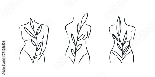 Minimalist line art of three female torsos with organic leaf motifs