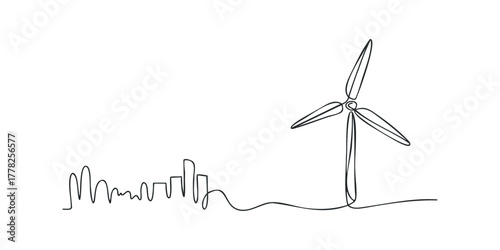 Single line drawing of a wind turbine beside a city skyline