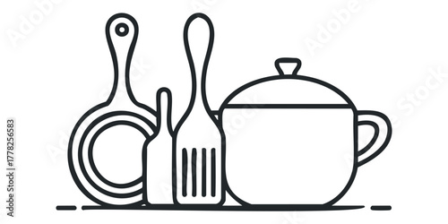 Collection of cooking utensils line art