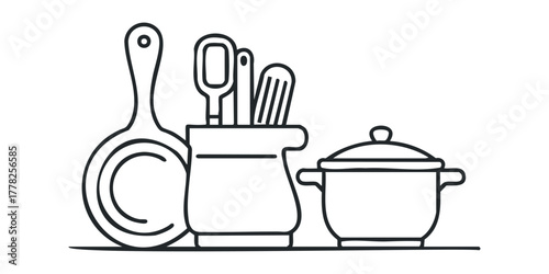 Kitchen Utensil Collection with Frying Pan and Pot