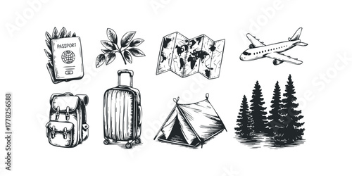 Travel essentials collection with passport, map, airplane, and camping gear