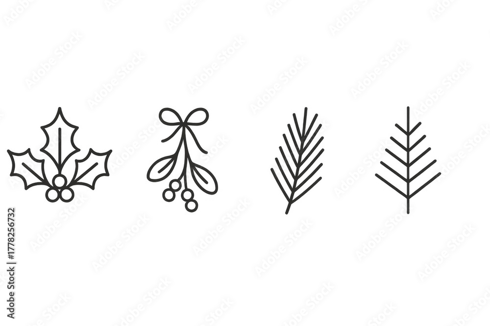 Obraz premium Christmas winter holiday plants icons set including holly, mistletoe, pines and firs, line art clip art