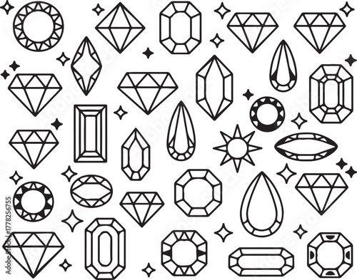 Geometric Gemstone Outline Collection Vector Assortment of Diamond Shapes and Jewel Cuts for Jewelry, Decoration, and Graphic Elements in Black and White