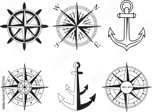 Collection of Nautical Maritime Navigation Icons Compass Anchor Ship Steering Wheel at Transparent Background Cruise Ocean Marine Navy 130 Chars