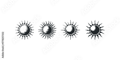 Four Distinct Sun Icons with Stylized Rays