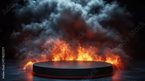 black podium with dramatic scene of fire and smoke rising