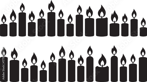 Set of Black Silhouette Candles in Various Shapes and Sizes Isolated on Transparent Background with Flickering Flames 130 Characters