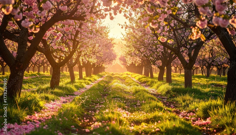Naklejka premium Sunlit Orchard Pathway Lined with Blooming Pink Cherry Blossom Trees in Spring with Petals Scattered on Green Grass and Golden Sunlight Filtering Through Branches