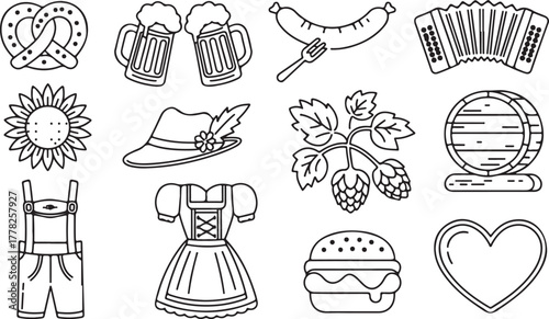 Oktoberfest Line Art Vector Illustration German Beer Festival Celebrations Design Elements Isolated on Transparent Background 130 Characters