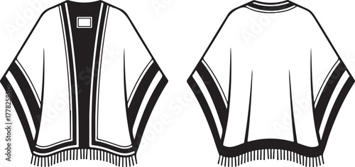 Poncho vector traditional mexican blanket clothing in front and back view with minimalist shapes apparel template native traditional design