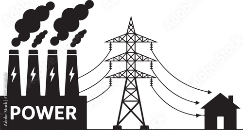 Power plant and electricity pylon vector electric power energy generation and transmission with industry facility and powerlines