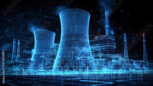 digital art rendering of the nuclear power plant with blue glowing accents