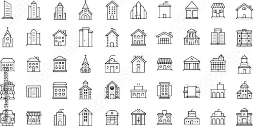 Line Art Buildings Isolated on Transparent Background Vector Illustration Various Styles Architecture