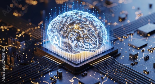 Futuristic AI Microprocessor, 3D Render of Artificial Intelligence Technology