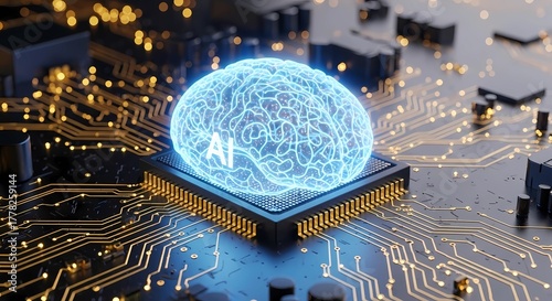 Futuristic AI Microprocessor, 3D Render of Artificial Intelligence Technology