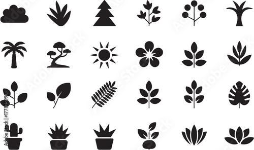 Set of Different Black Leaf and Tree Icon Elements Such as Palm, Flower, Plant, Cloud, Cactus on Transparent Background Vector Illustration
