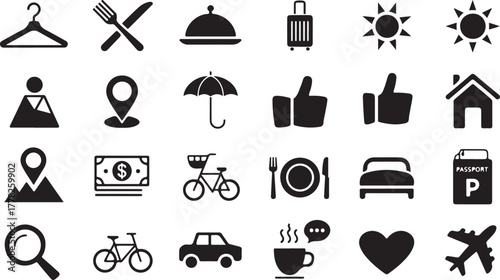 Set of Holiday Travel Icon Elements Such as Hotel Bed, Mountain, Luggage, Money and Coffee Cup on Transparent Background Vector Illustration