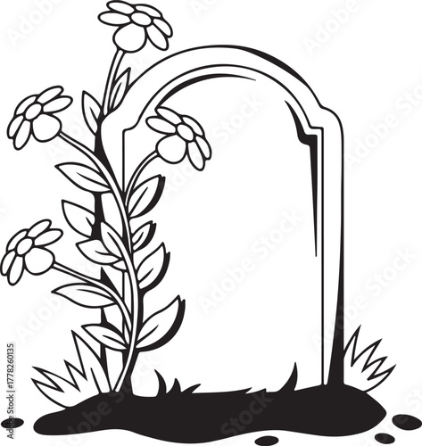 Tombstone with flowers remembrance symbol of mourning and grief memorial monument in cemetery or graveyard for loss commemoration backdrop