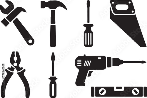 Set of hand tools for home improvement diy projects construction and repair including wrench hammer screwdriver drill and pliers for work