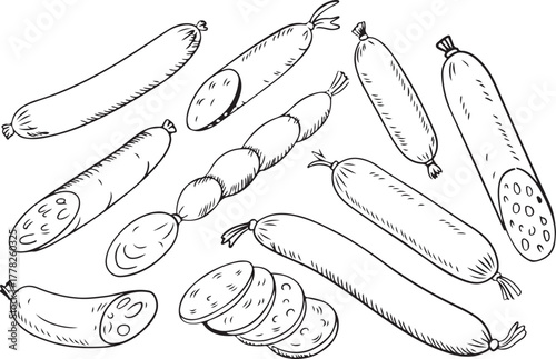 Assortment of sausages different types cured meats smoked meats delicacy meat products food illustration for culinary themed background