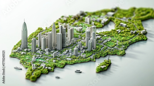 3d illustration of indian map made with greenery, high rise buildings