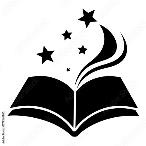 Open book with stars and swirls silhouette isolated on white background isolated on transparent background