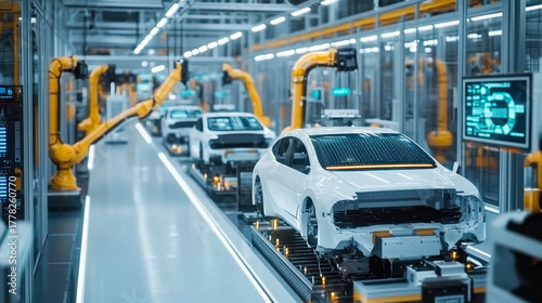 Car Factory 3D Render: Automated Robot Arm Assembly Line Manufacturing High-Tech Green Energy Electric Vehicles. Automatic Construction