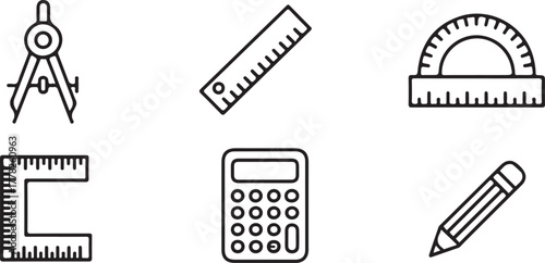 Stationery Tools Equipment Geometry and Mathematical Studies Showing Compass Ruler Protractor and Calculator with Pencil