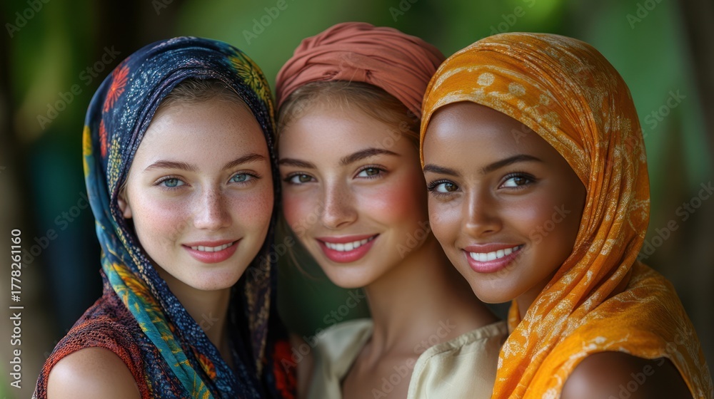 Fototapeta premium Three women smiling outdoors, diverse headscarves, natural beauty, portrait