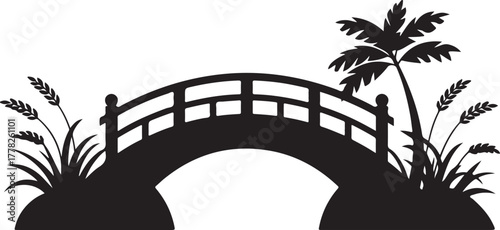 Silhouette of curved bridge surrounded by palm tree and grass in serene landscape in clean vector artwork with transparent backdrop
