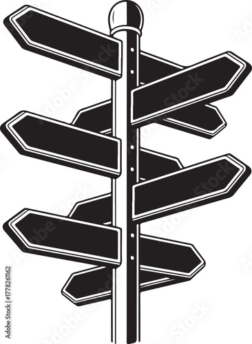 Multiple way sign with many blank directional arrows in monotone vector illustration, perfect for travel destination concept with transparent background