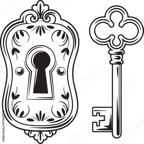 Antique lock and key vintage door hardware element for protection and security symbol vector illustration precisely 130 characters