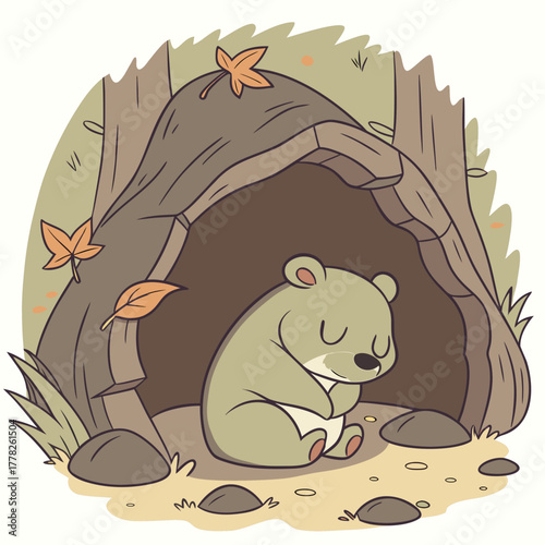 Cute bear is sleeping in a den surrounded by autumn leaves illustration