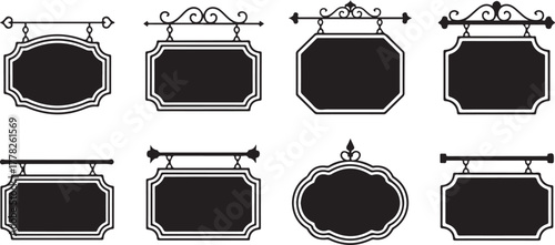 Hanging ornate vintage signs collection for shop restaurant advertising signboard template vector precisely 130 characters here